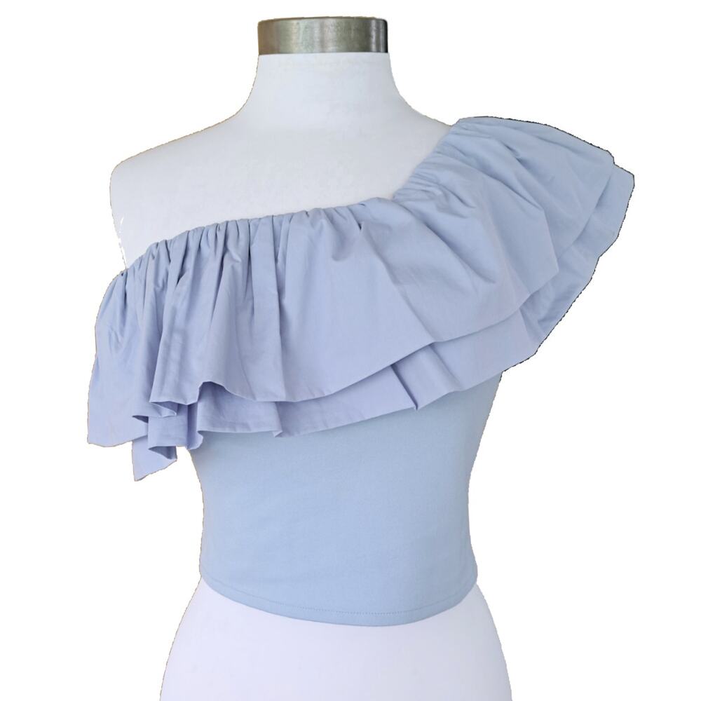 NEW Anthropologie Sunday Brooklyn Ruffled One-Shoulder Crop Top Small Sky Blue - Picture 2 of 9